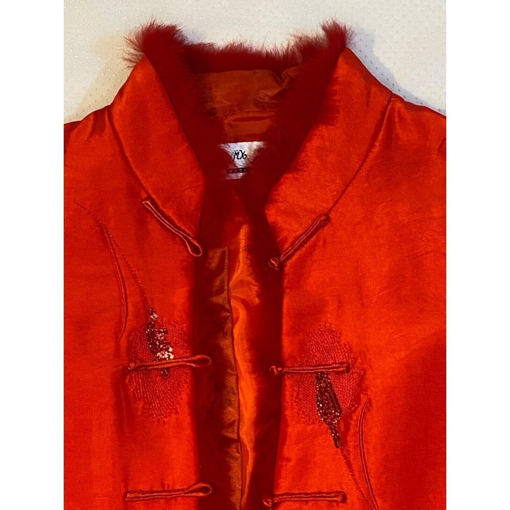Vth Red Satin Embroidered Jacket Faux Fur Trim Chinese Button Womens S - Picture 2 of 6